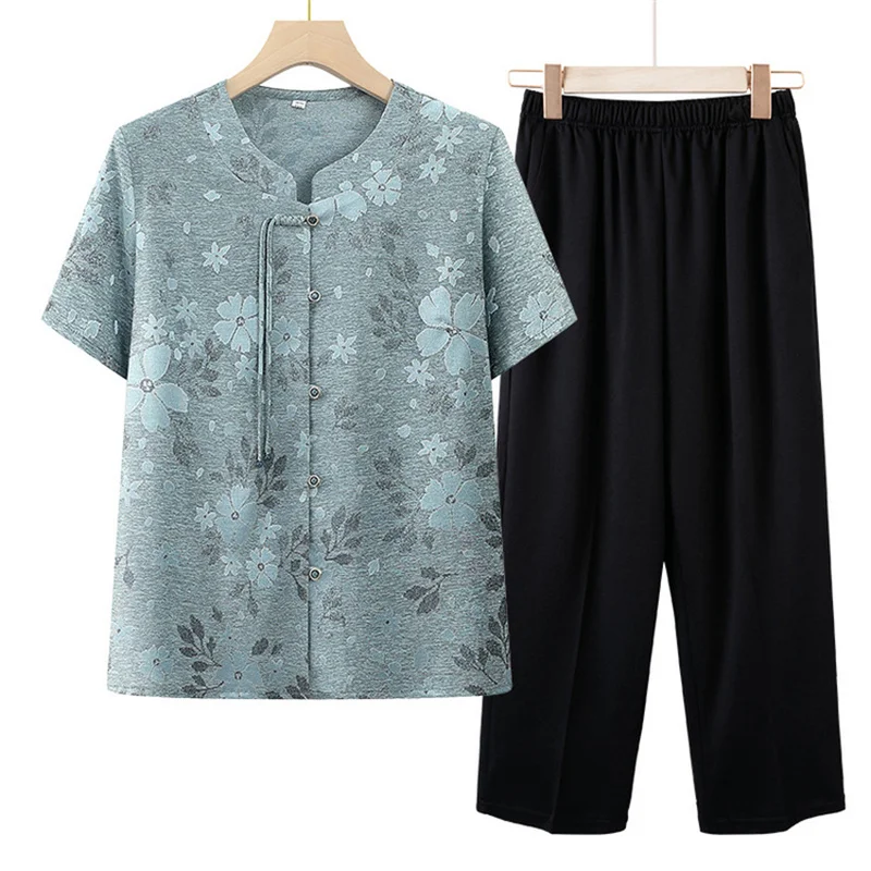 Elegant Women's Sets New Short Sleeve Trousers Suit Summer Middle Aged Mother Home Clothing Casual Two Piece Grandma Pajama image 3