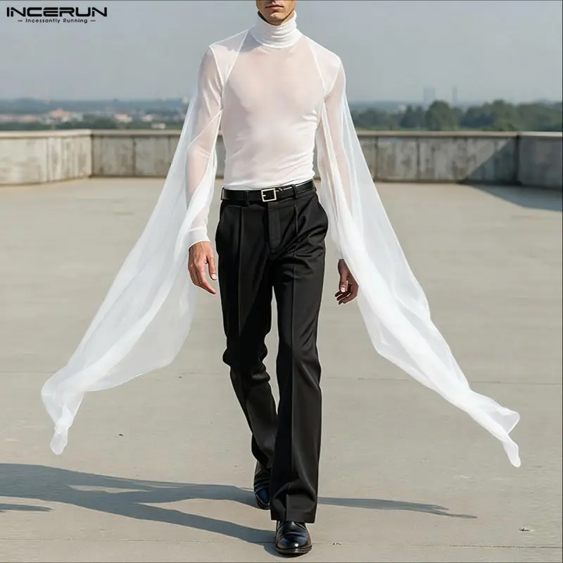 INCERUN الرجال تي شيرت شبكة المرقعة الياقة المدورة طويلة الأكمام انظر من خلال الرجال الملابس الشارع الشهير مثير موضة غير النظامية المحملة القمم