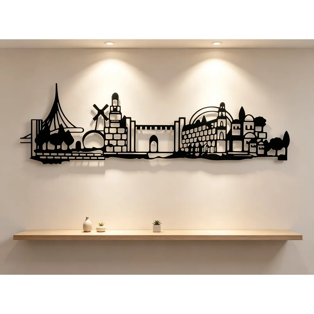 CIFBUY Décoration murale en métal, silhouette de la ville de Jérusalem, décoration murale vintage avec étoile de David, œuvre d'art rustique en fer