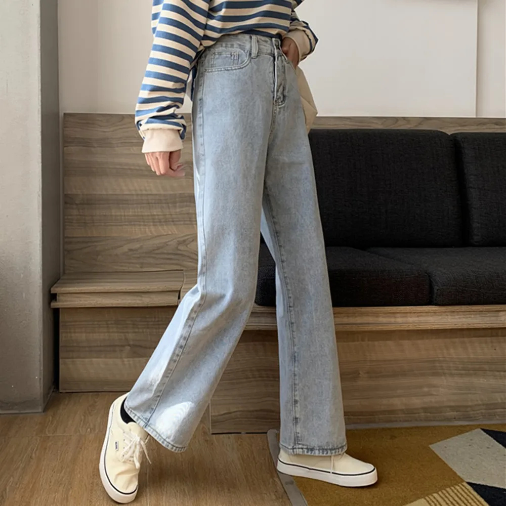 빈티지 스트레이트 진 여성 와이드 레그 루즈 데님 팬츠 가을 봄 패션 캐주얼 바지 화이트 블랙 블루 단색