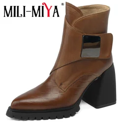MILI-MIYA Fashion Pointed Toe Thick Heels Solid Color Women Full Genuine Leather Ankle Boots Hook Loop Handmade For Ladies