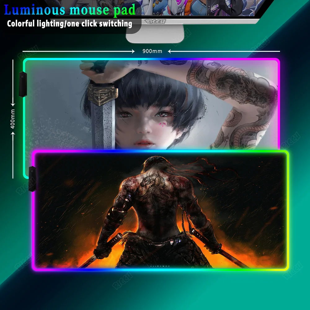 

LED Lighting Mouse Pad Large Mouse Pad Gamer Computer Mousepad 900x400 Samurai Warrior RGB Mause Pad Laptop Keyboard Desk Mat