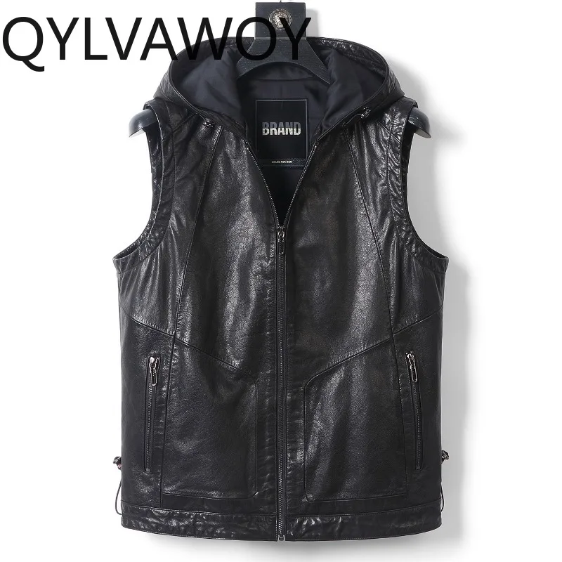 

QYLVAWOY Cowhide Real Leather Jacket Men Oil Wax Jacket Hooded Sleeveless Leather Coat Spring Autumn Jackets for Man Chaqueta