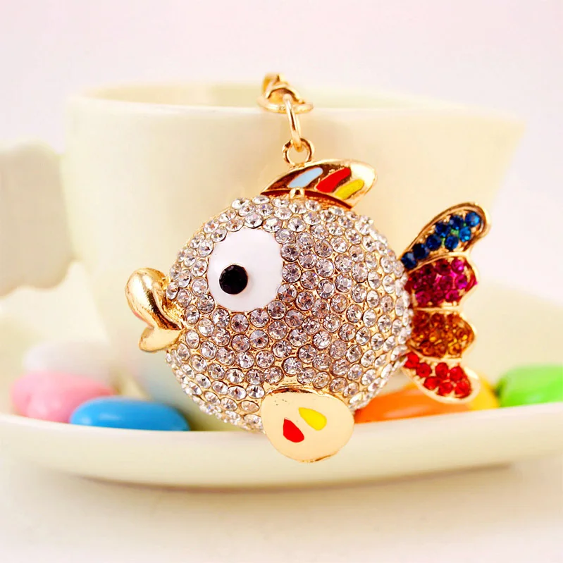 Dalaful Colorful Crystal Tail Fish Goldfish Keychains HandBag llaveros Keyrings Key Chains Purse Bag Pendant For Car Women K252