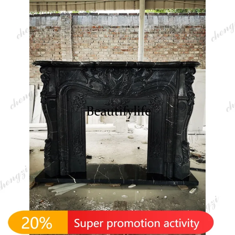N178 Marble fireplace stone carving European black and white root French relief TV decoration heating stone fireplace customizat