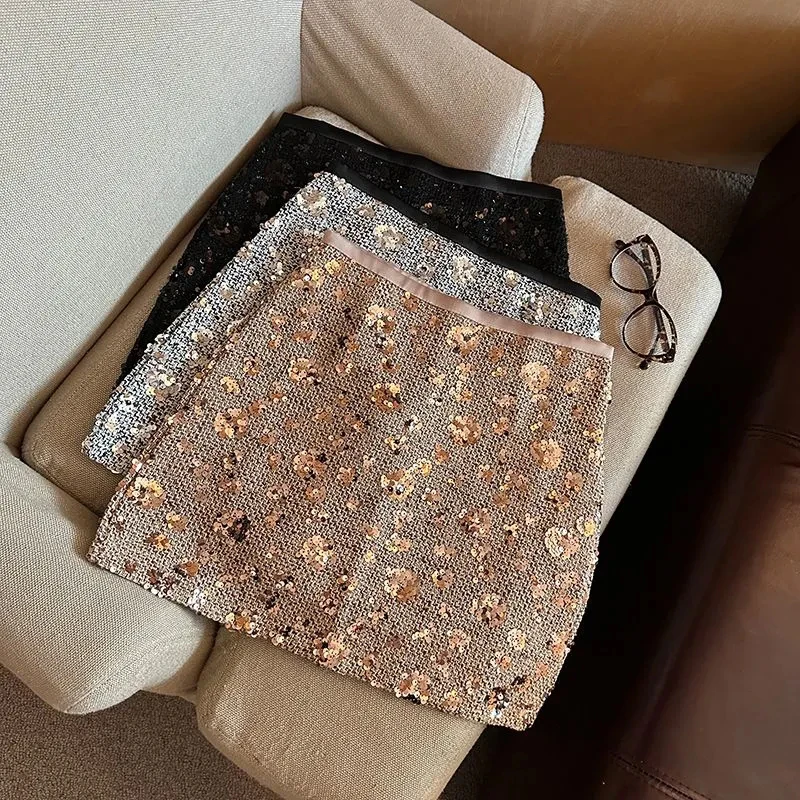 Fashion Tweed Sequin Mini Skirts Women Spring High Waist Luxury A Line Skirt Korean Elegant Office Lady All Match Bodycon Skirt