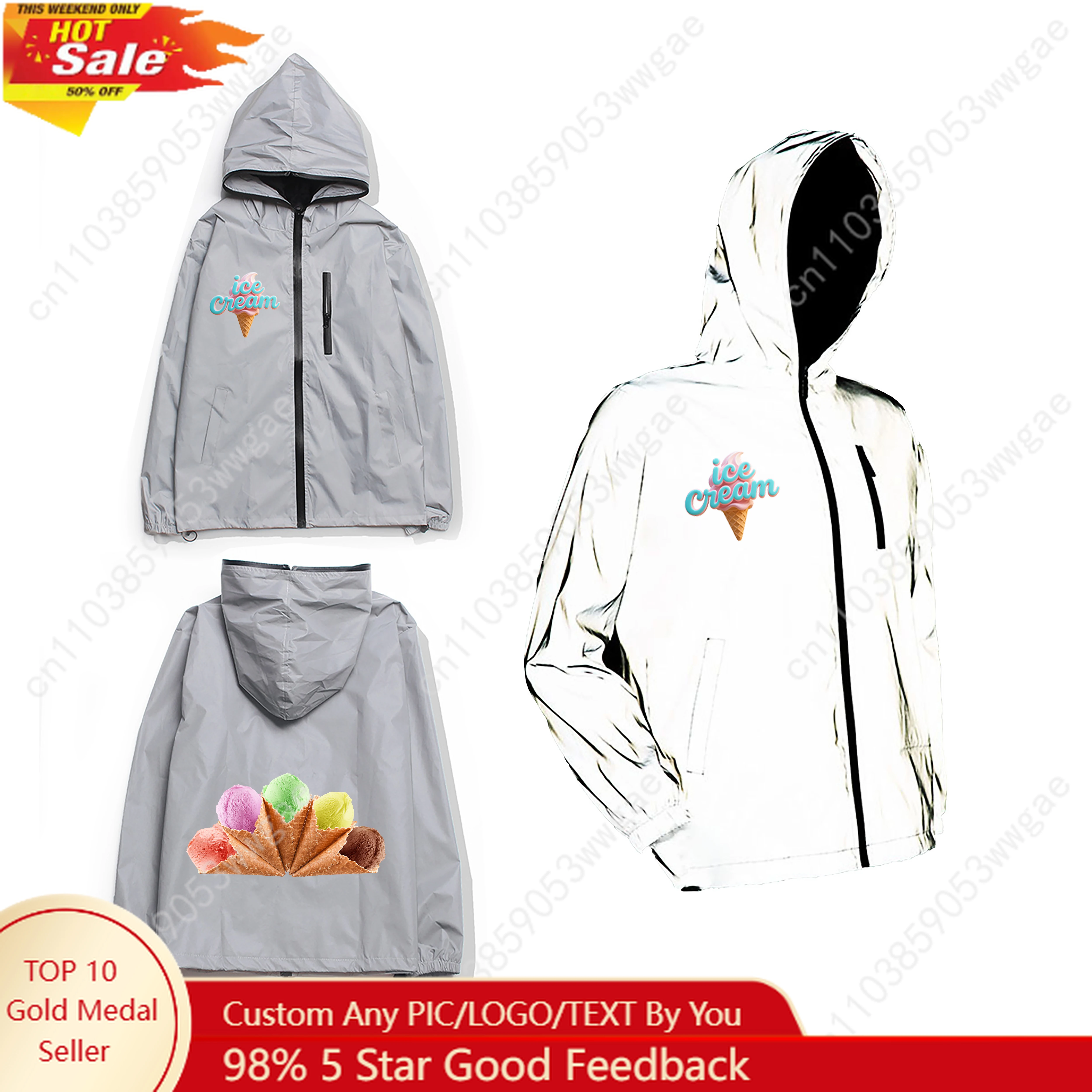 

Ice Cream Reflective Jacket Men Women Coat Hooded Windbreaker Run Pocket Jackets Cycling Hiking Zipper Fashion Customized Hoodie