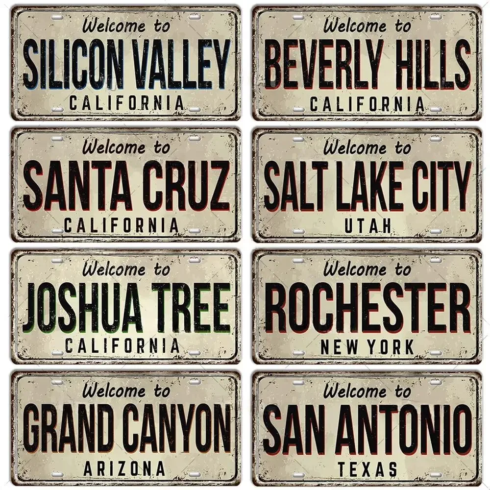 Welcome To USA City Car Plate US Landmark License Plate Decorative Metal Sign Garage Club Man Cave Bar Pub Hotel Cafe Wall Decor