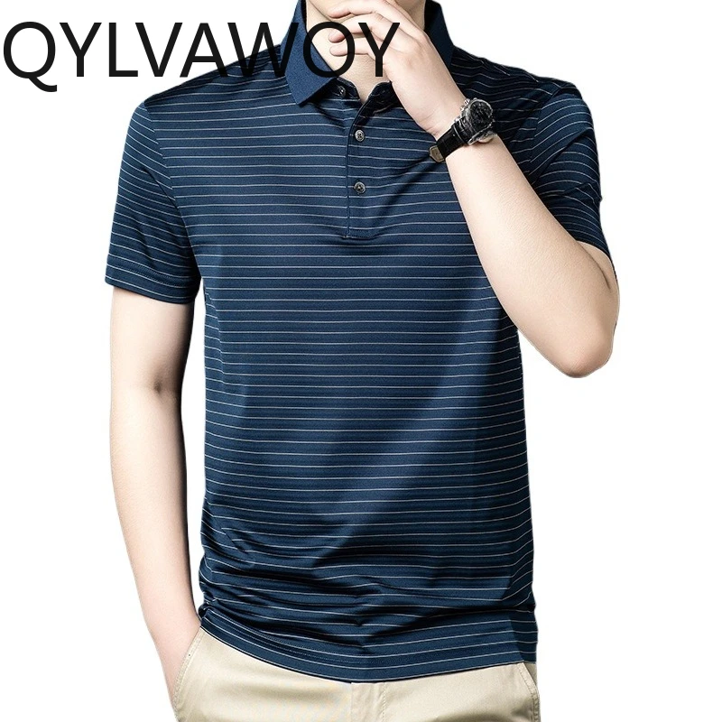 

QYLVAWOY New Polo Shirt 100% Mulberry Silk Striped T Shirts for Man Loose Men's Shirts Short Sleeve Shirt Ropa Hombre Lapel Tops