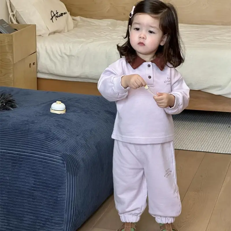 2025 Autumn New Baby Long Sleeve Clothes Set Infant Girl Lapel Letter Sweatshirt + Sweat Pants 2pcs Suit Kids Toddler Casual Set