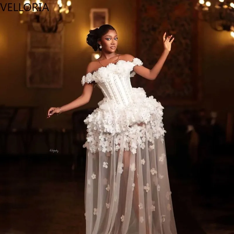 

White Off Shoulder Floral Applique Ball Gown Beaded Corset Prom Dress Long Tulle Evening Formal Gown Wedding Party Dress Custom