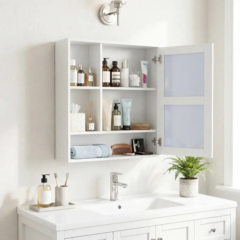 Wall-Mounted Mirror Cabinet with 2 Hidden Shelves and 3 Open Compartments-White view 7