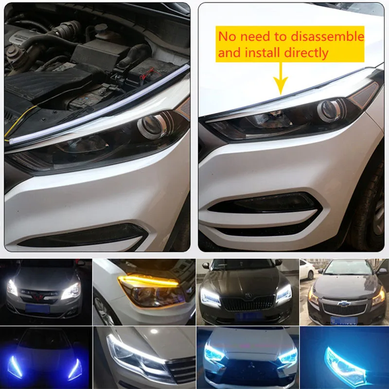 Neue LED DRL Auto Tagfahrlicht Flexible Wasserdichte Streifen Auto Scheinwerfer Weiß Blinker Gelb Brems Flow Lichter 2 PCS