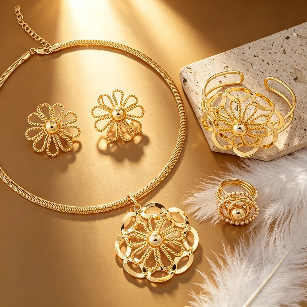 Luxuriöses 18K vergoldetes Blumenschmuckset 4-teilig Damen Halskette Ohrringe Armband Ring Braut Hochzeit Party Accessoires Geschenk – Detail 5