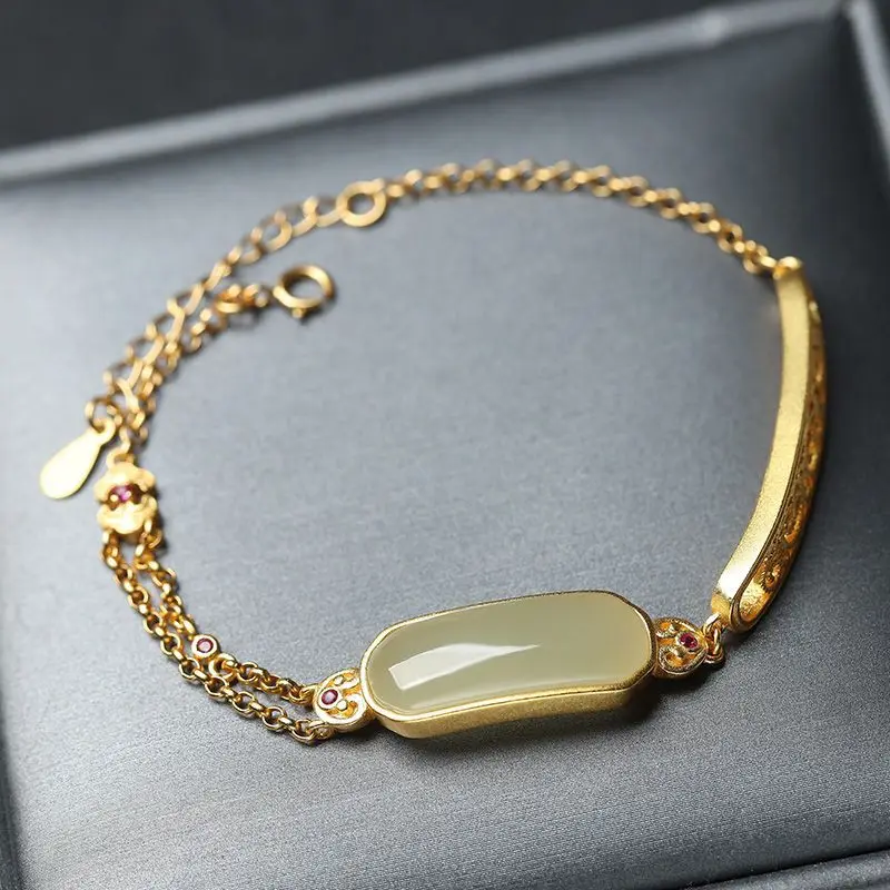 

Natural Hetian Jasper jade Ancient gold crafts Ruyi bracelet for women Classic Chinese Style charm bangles Banquet Jewelry