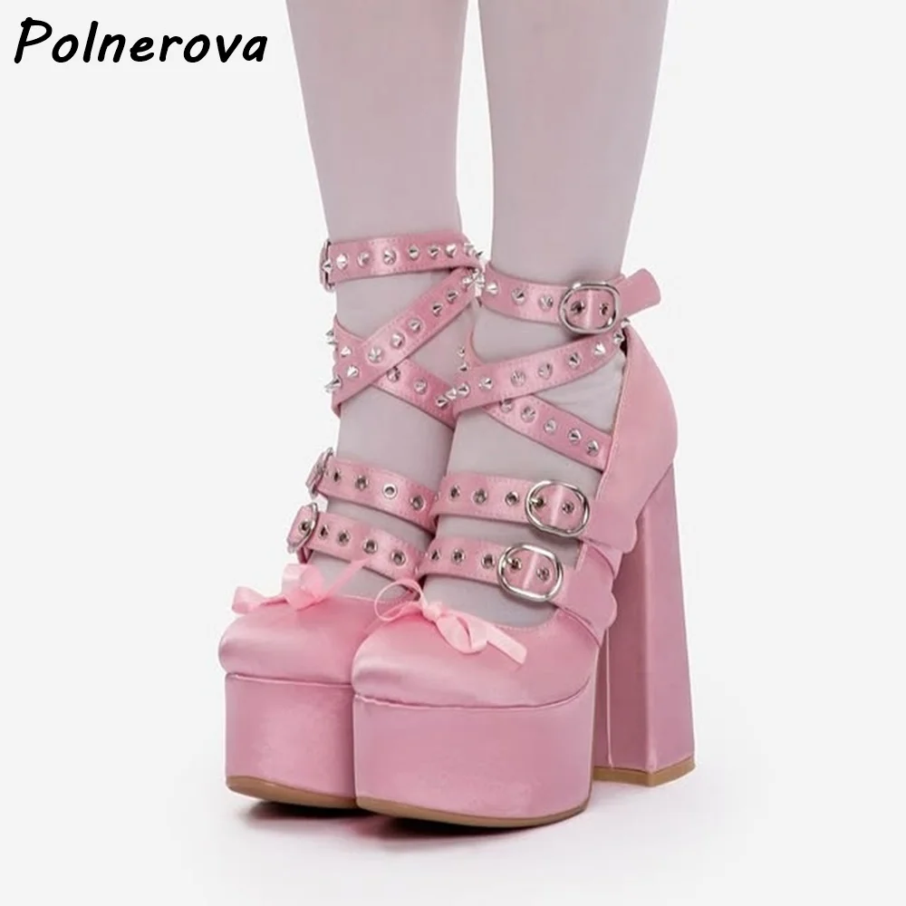 Pink Satin Bow Platform Mary Jane Pumps Multi Rivet Stud Crisscross Ankle Strap Shoes Chunky Heel Round Toe Lolita Lovely Shoes