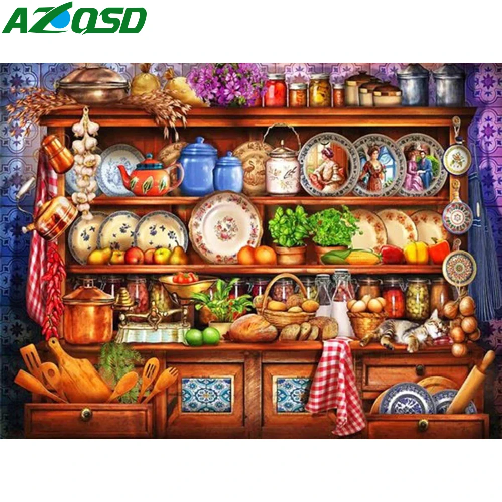 Azqsd Diamant Kunst Malerei Küche Landschaft Mosaik Strass Bilder Regal Stickerei Verkauf Platte Wohnkultur Kreuz stich Kit