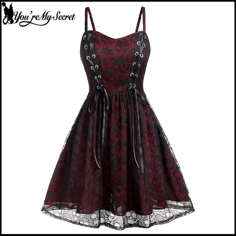 

[You're My Secret] Готическое платье с сетчатыми вставками и черепами, женское винтажное черное платье на шнуровке, кружевное платье в стиле панк, летняя уличная одежда