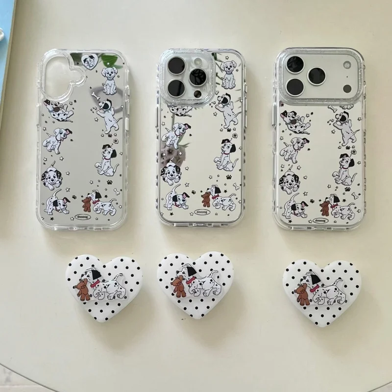 

Funny Cute Cartoon Spotted Dog Mirror Phone Case For iPhone 17 Pro 16 15 Pro Max Cover with Stand Shockproof Protective Cases Fu