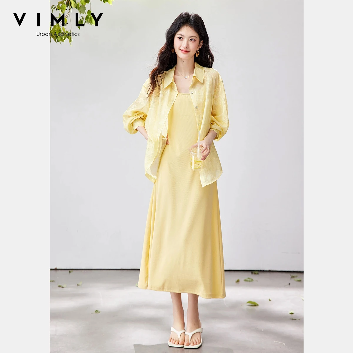 

VIMLY Casual Office Dress Sets 2026 Spring New Yellow Jacquard Textured Back Tie Slit Shirt Camisole Dress Two-Piece Women 30815