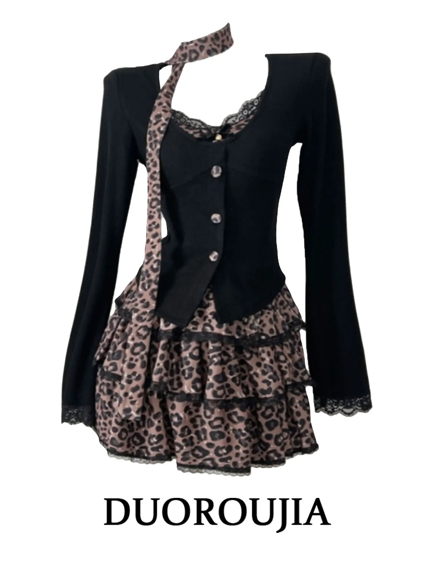 

Sexy plus Size Women's Fashion Set with Leopard Print Patchwork Cake Short Skirt Autumn Winter New Style Two-Piece Suit