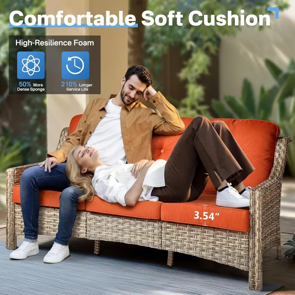 Outdoor 6 Pieces Coversation Set with Glowing Coffee Table, Patio Furniture High Back Couch with Ottoman, Rattan Wicker 3-Seater