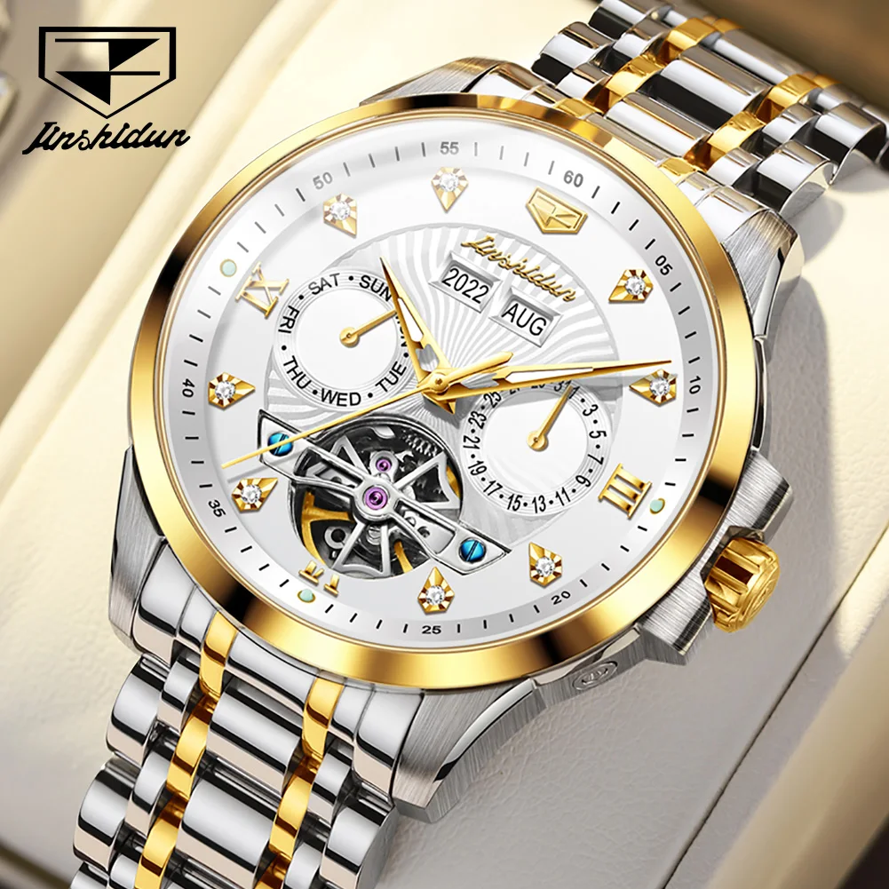 

JSDUN мужские часы, роскошные деловые часы с ремешком из нержавеющей стали, оригинальные автоматические механические наручные часы с сапфировым стеклом, календарь 8911