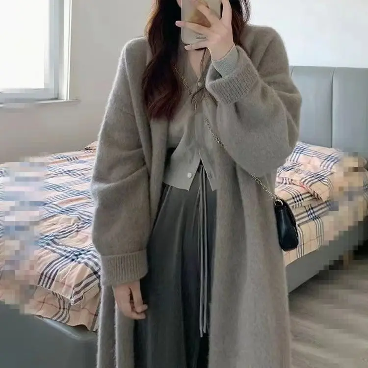 

Long Cardigan for Women 2024 Winter Clothes Knitted Fluffy Long Sleeve Sweater Coat Clotkorean Style Warm Vintage E1428