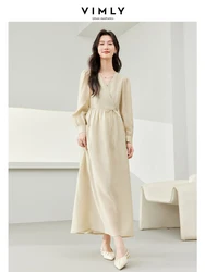 Vimly Elegant Maxi Dress 2024 Spring Light Khaki French Style V-neck Puff Sleeve Lyocell Tie Belt A-line Long Wrap Dresses M5808