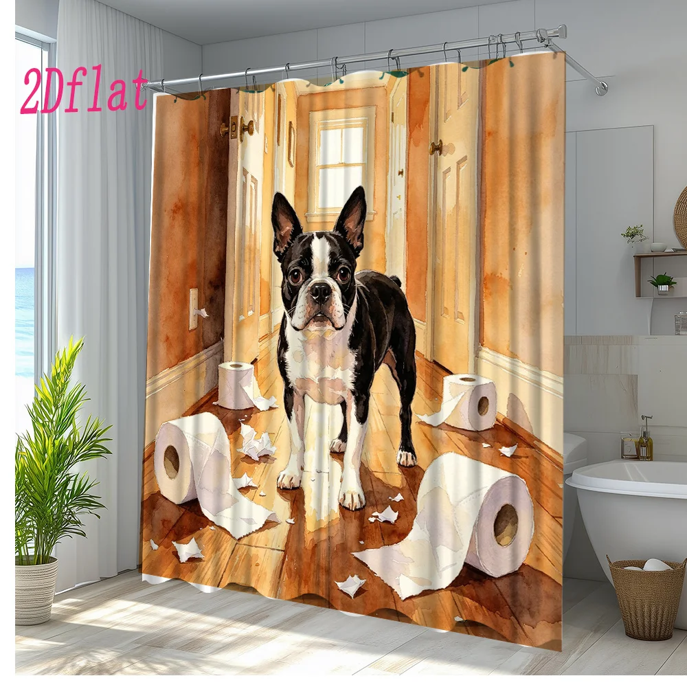 Cute Dog Bathroom Shower Curtain Funny Puppy Portrait Dog House Bathroom Decor Shower Curtain Waterproof