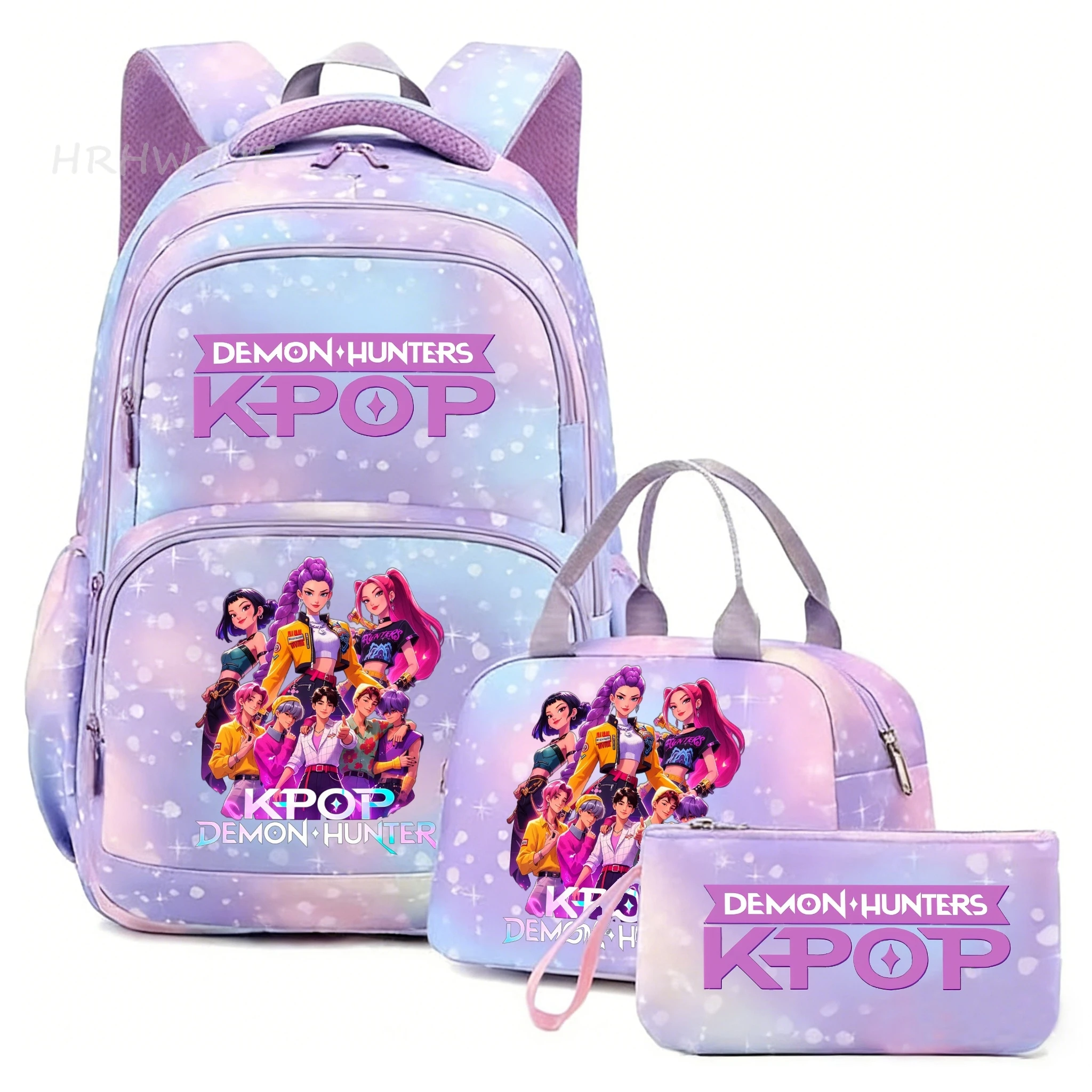 Mochila KPop Demon Hunters Rumi Mira Zoey HUNTR/X Saja para meninos e meninas, bolsa escolar para laptop com bolsa para almoço, mochila de viagem em cores arco-íris