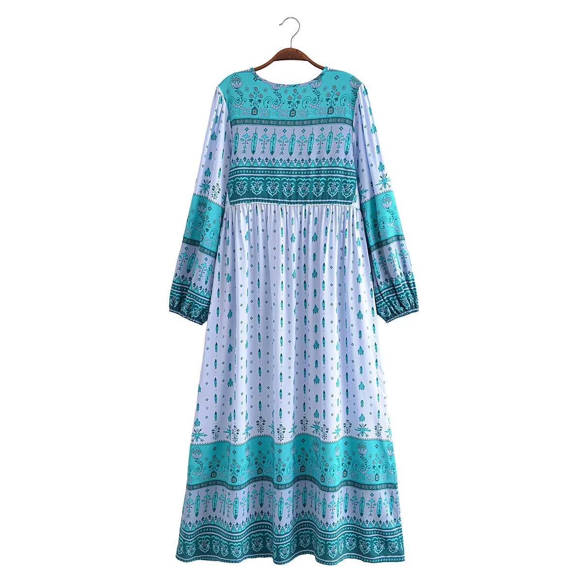 2023 BOHO Contrast Color Flower Print Bandage Lacing up Collar Midi Dress Woman Viscose Cotton Long Sleeve Maxi Robe Holiday