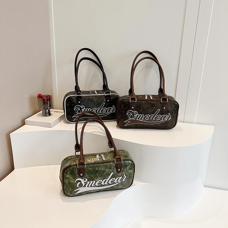 MOODS Retro Bowling Shoulder Bags For Women Letter Print Solid Color Long Handle Boston Bag 2025 Latest Luxury Designer Handbags