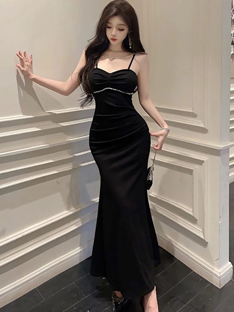 Vrouwen Roze Geplooide Diamanten Luxe Chain Sling Sexy Lange Jurk Zomer Bodycon Dance Party Dress 2025, Koreaanse Vintage Nachtjurk