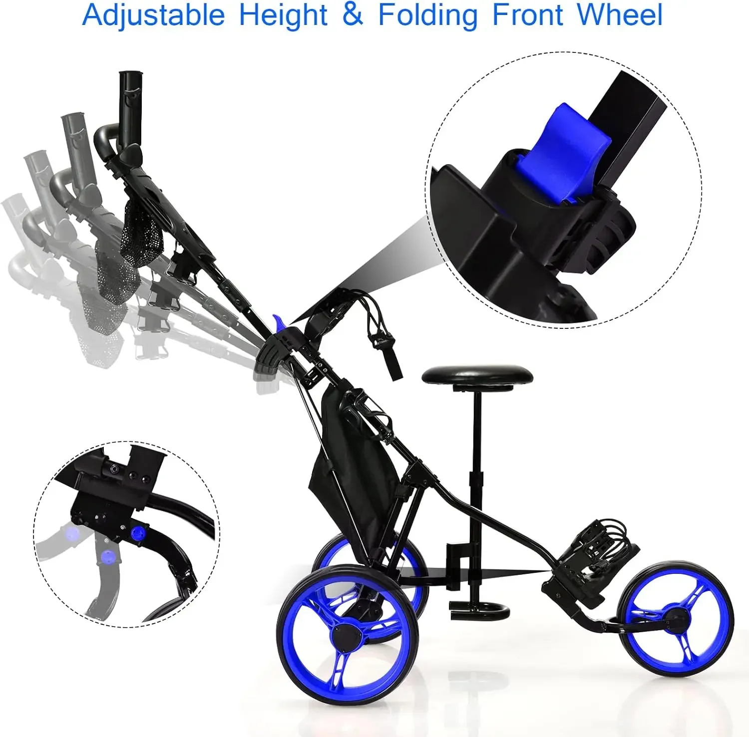 3-Wheel Height Adjustable Lightweight Golf Caddy Cart with Umbrella Holder, Hydraulic Seat