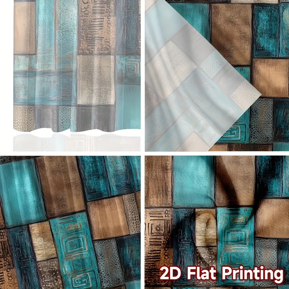 2pcs Turquoise Brown Wood Block Curtains Vintage Abstract Geometric Window Drapes Modern Rustic Decor for Living Room Bedroom