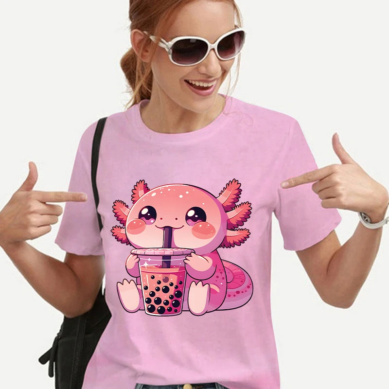 

Summer Women Clothing Kawaii Bubble Tea Boba Axolotl Tees Casual Short Sleeved T-shirt Fashion Female Harajuku Graphic Y2k Tops