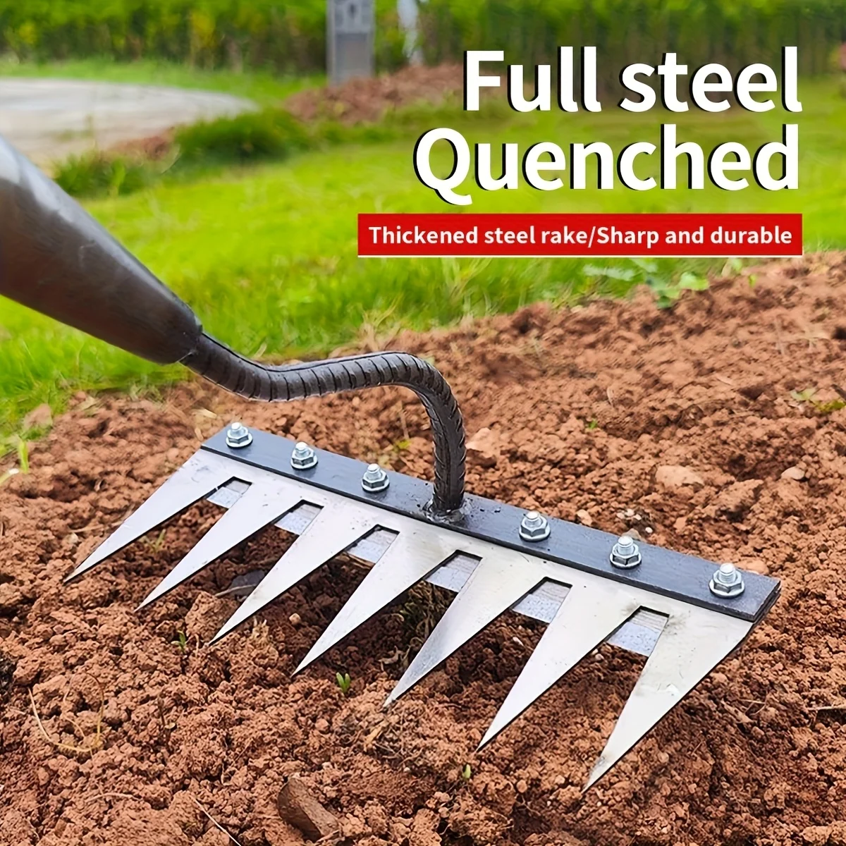 Robuster Stahl-Unkrautrechen, multifunktionales Gartenwerkzeug zum Auflockern des Bodens und Entfernen von Unkraut, für den Einsatz im Garten und auf dem Hof. Griff nicht enthalten. – Detail 7