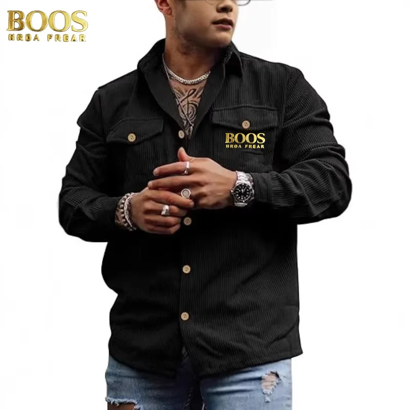 سترة BOOSHRDAFREAR سروال قصير بأزرار وأكمام طويلة مخططة كاجوال بجيب مزدوج قميص عمل على الطراز الكوري للرجال