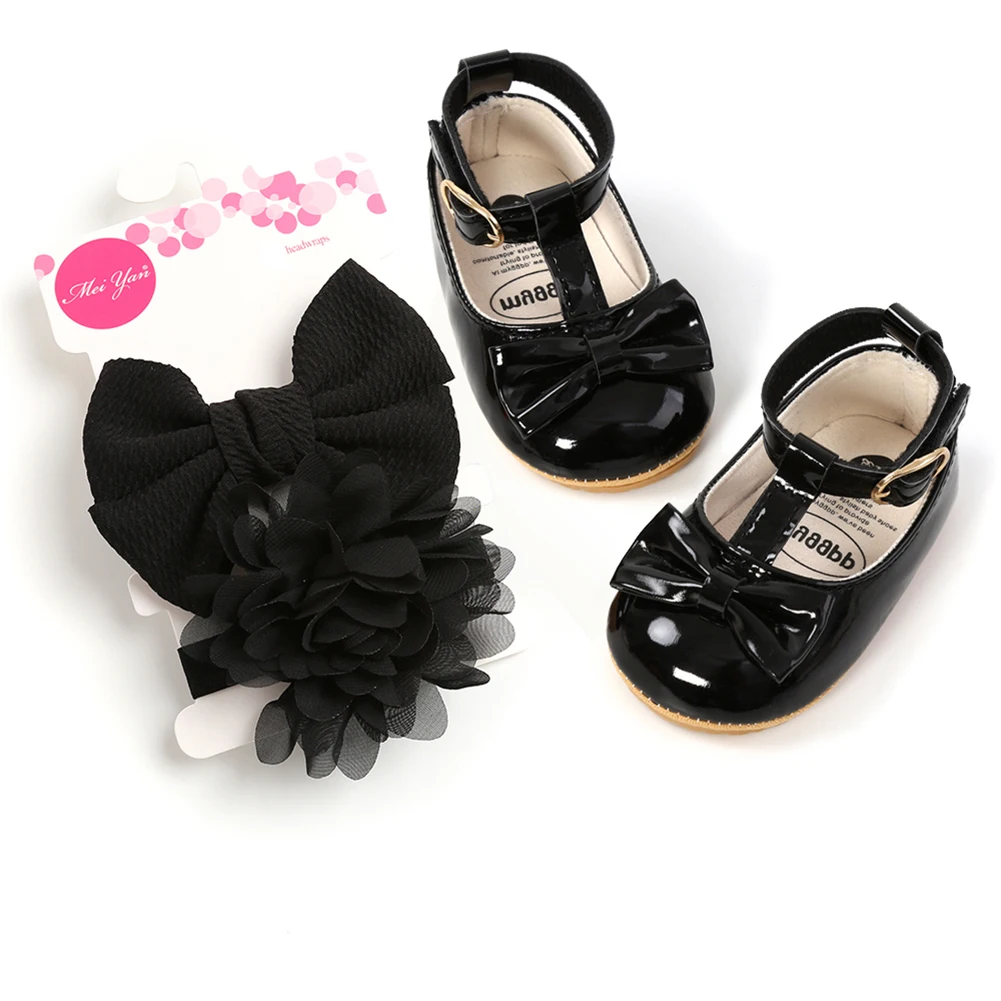 Zapatos de boda de princesa con lazo para niñas, zapatillas de bebé recién nacido con diademas, zapatos planos Mary Jane, 0-18M