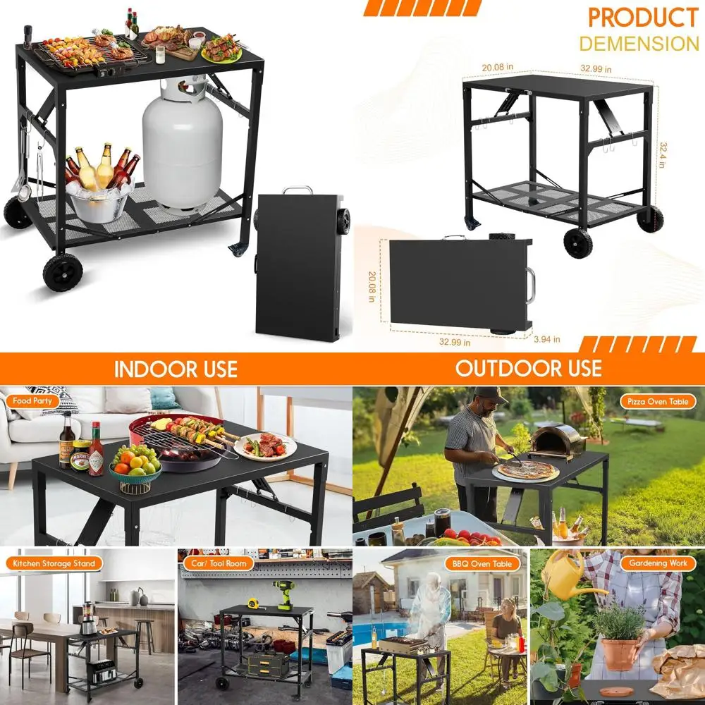 

Portable Outdoor Folding Pizza Oven Stand on Wheels, Black Dining Cart for BBQ, Kitchen, and Indoor Use