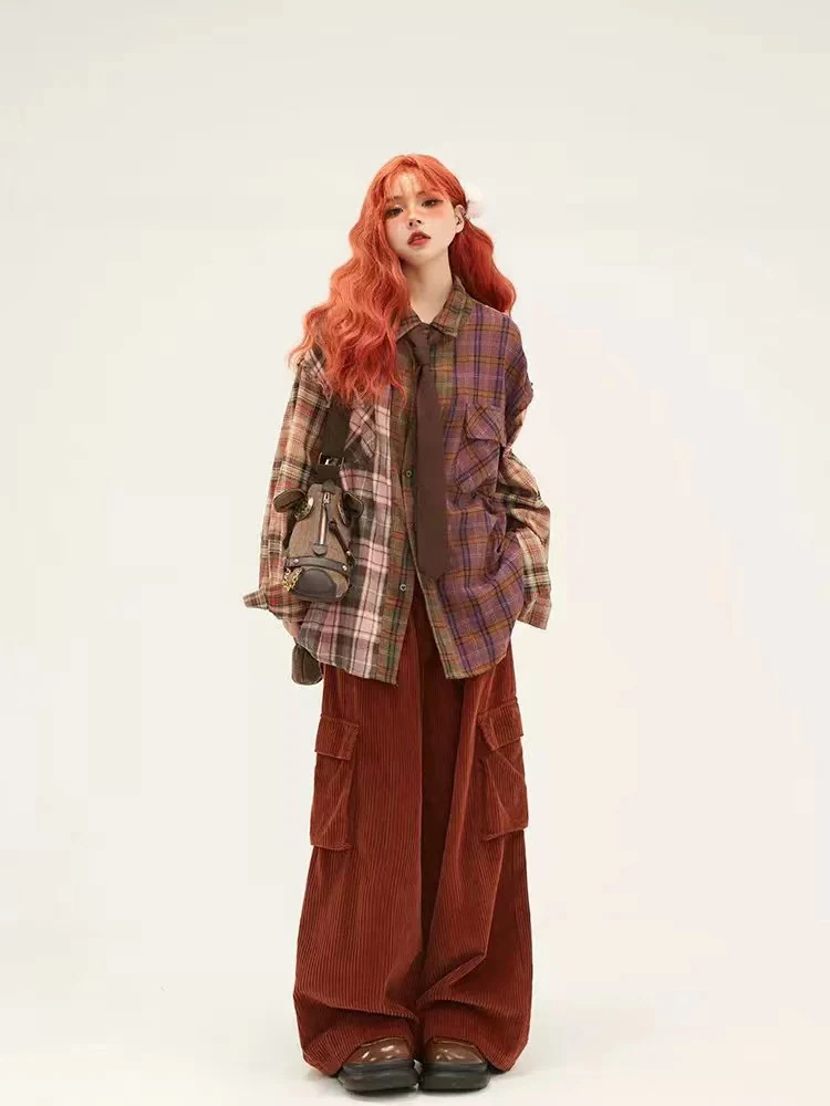 Harajuku Fashion Cargo Pants Hip Hop Straight Loose Casual Vintage Oversize Red Full Length Trousers Elastic Waist  BF Japanese