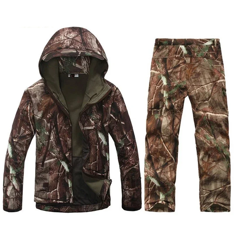 Pop Men's Uniform Jacket Sets Soft Shell Camouflage Hooded Jackets Plus Fleece Pants Outdoor Warm Clothes