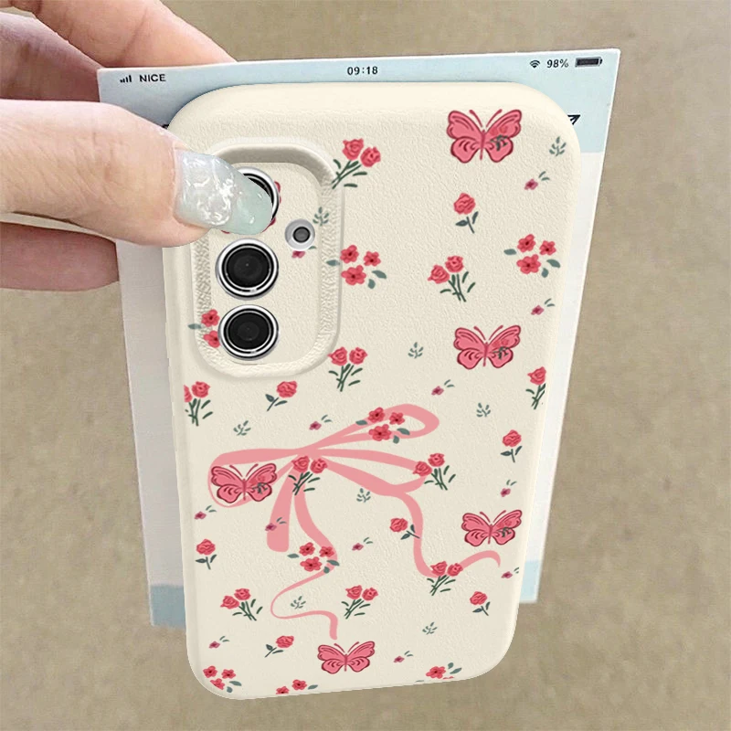 Coque à fleurs avec nœud papillon, pour Samsung Galaxy S25 S24 S23 Ultra S22 Plus S21 FE A14 A34 A54 A15 A25 A35 A55 A16 A26 A36 A56 5G Capa