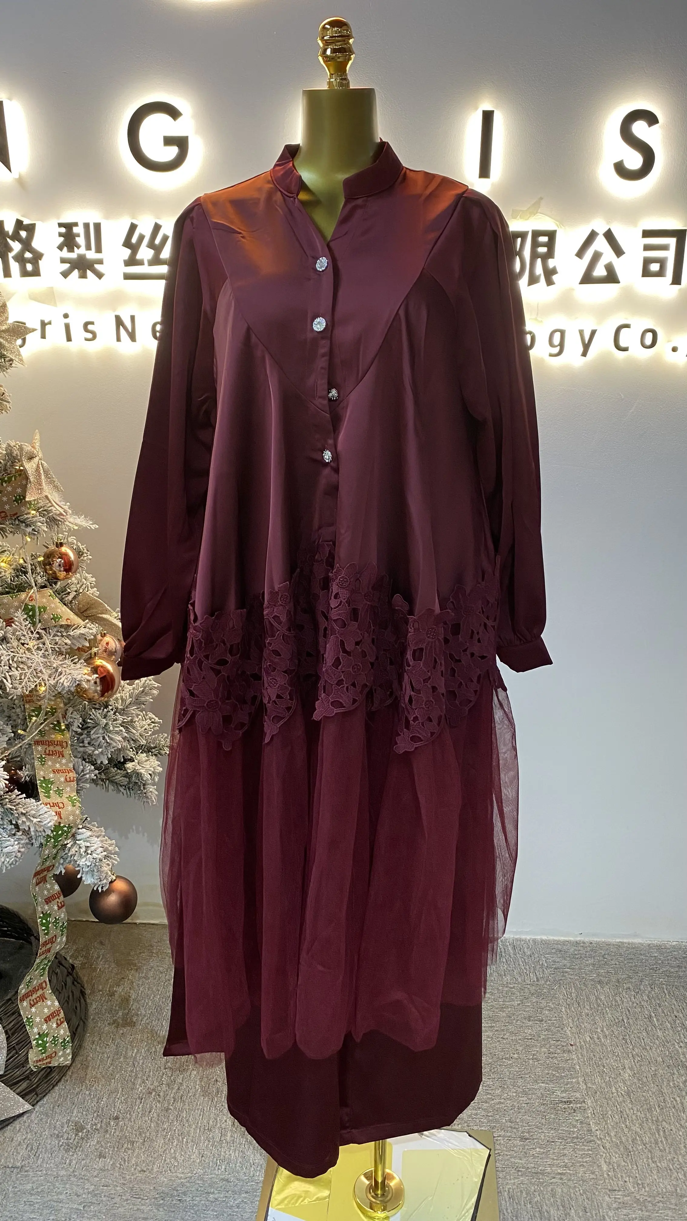 2 Piece Set Fashion Shirt Abaya Women Muslim Robe Solid Color Lace Embroidery Modesty Skirt Set-GZXX011
