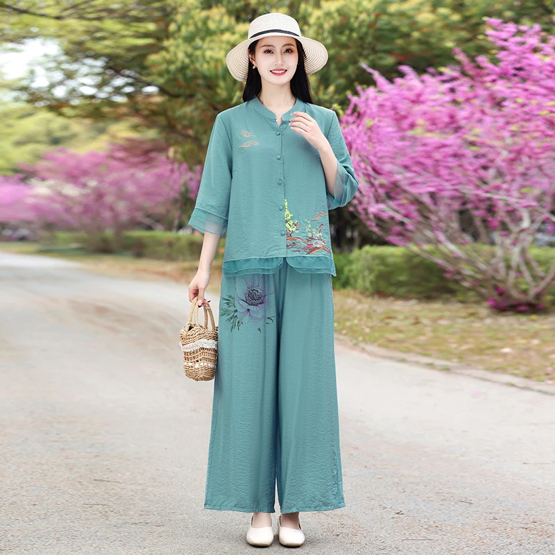 

Women's Cotton and Hemp Set Plus Size Summer Half Sleeve Tops Vintage Print 2024 New Multi Color Women Sportswear Two-Piece Sets