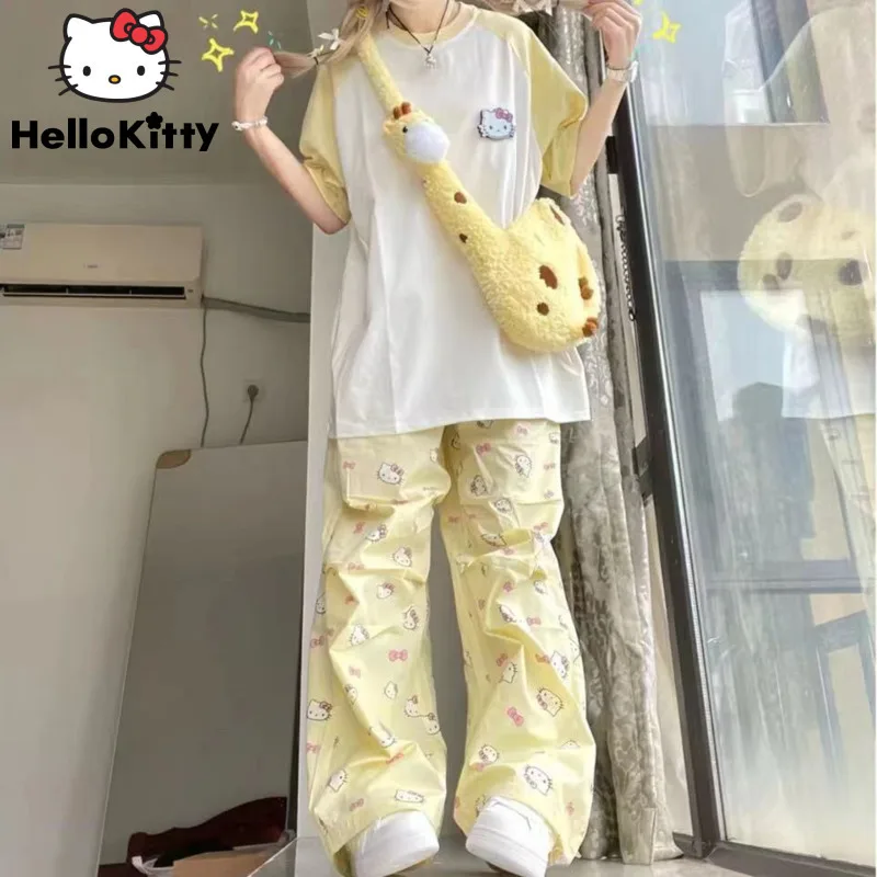 Sanrio Hello Kitty Summer Sweet Y2k Girl Cute Print Pants Set Women New High Waist Slim Straight Casual Pants Tees Fashion Suit