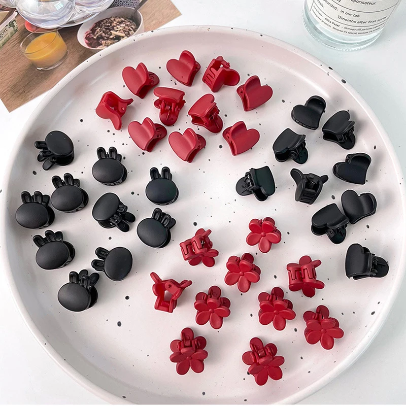 5Pcs Black Red Heart Rabbit Flower Small 1.5cm Matte Hair Claw Side Bangs Clip For Kids Girl Child Styling Tool Hair Accessories