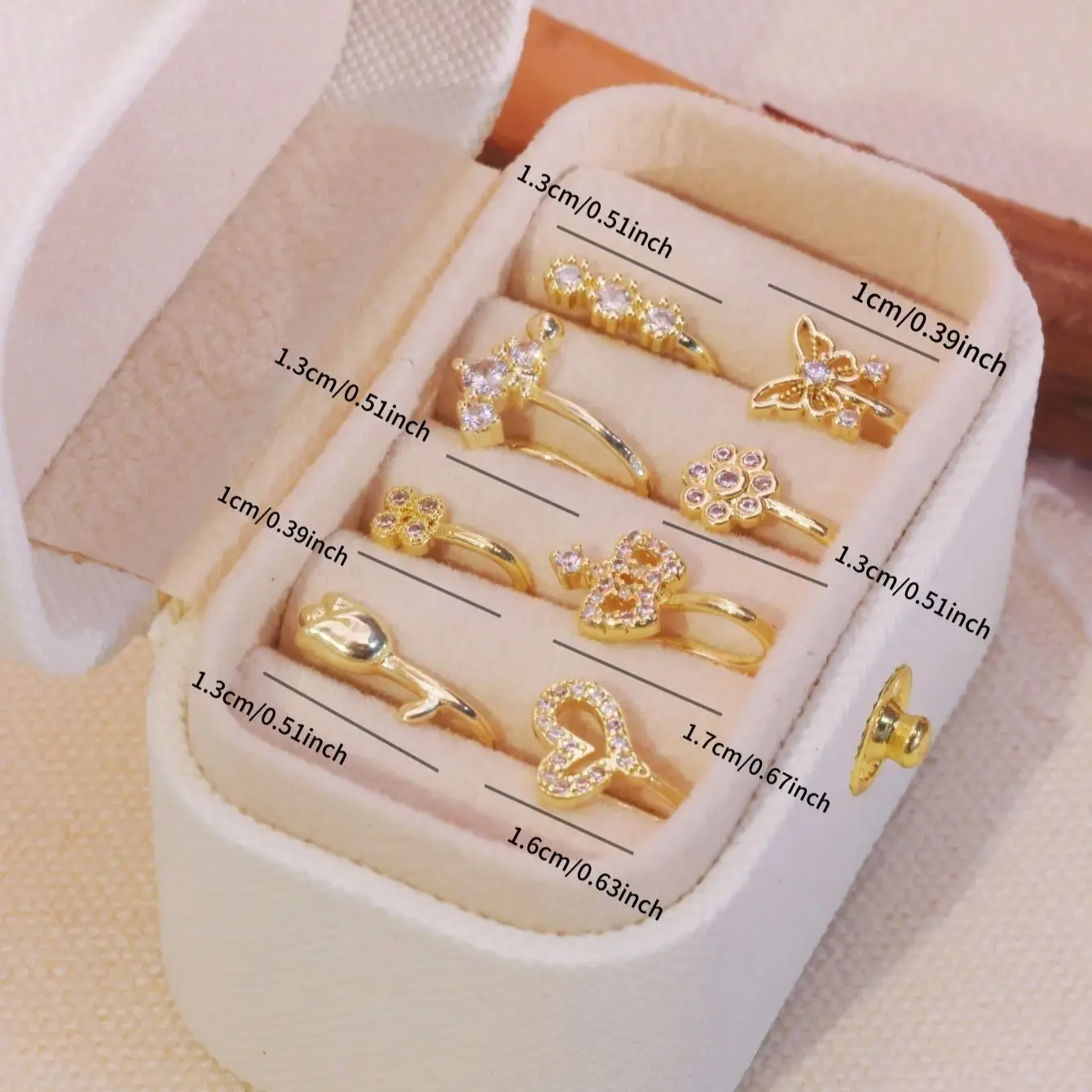مجموعة صناديق هدايا بمشبك أنف من الزركون الاصطناعي على شكل فراشة على شكل قلب غير منتظمة مكونة من 8 قطع، بدون ثقب على الطراز القديم الأنيق