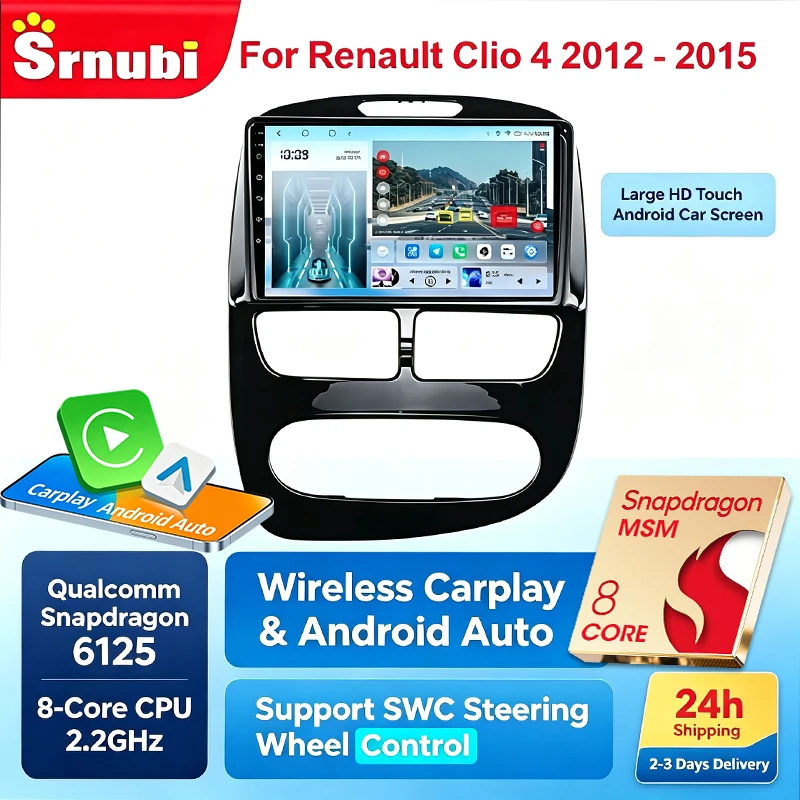 Per Renault Clio 4, modelli 2012-2015. | Autoradio 2 DIN da 10 pollici, con FM RDS, navigazione GPS, lettore multimediale, CarPlay e Android Auto wireless, unità di intrattenimento con effetto